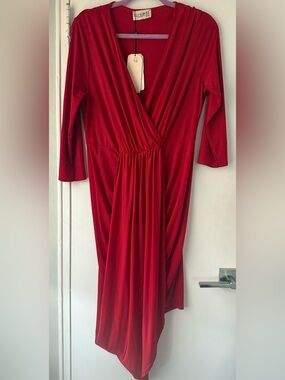 NWT CLUB L LONDON Jersey Overlay Stretch Sateen High Low Dress Red Sz 12 $225